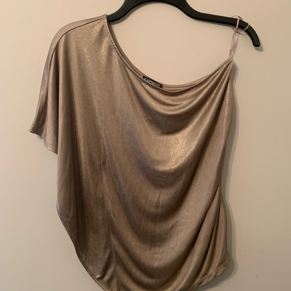 NWT Express one shoulder shimmering tan shirt